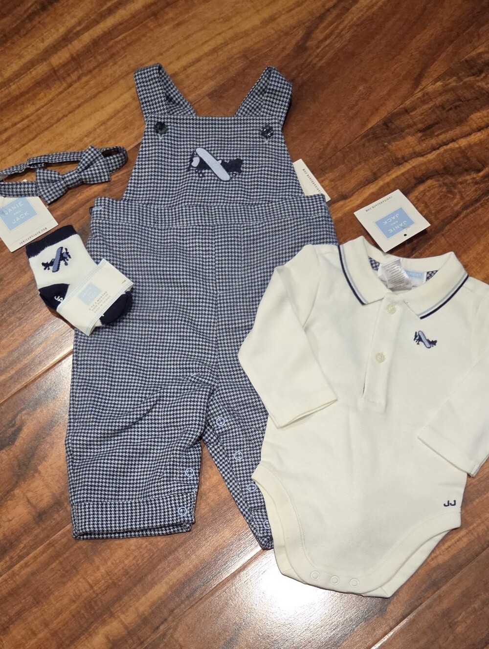 Janie and Jack NWT 0-3 Months Houndstooth Overalls, Bodysuit, Bowtie and Socks